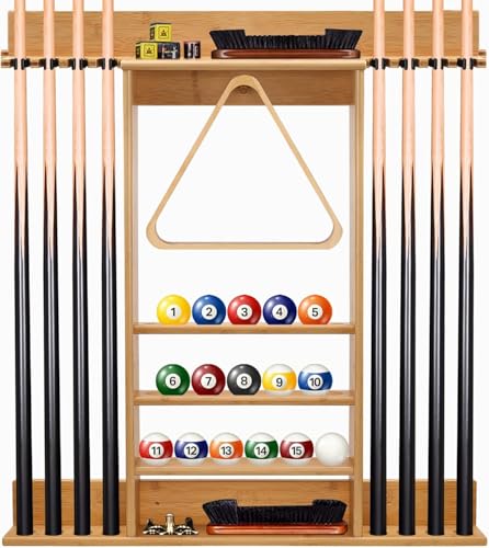 FoverOne Bamboo Pool Cue Rack Wall Mount for 8 Cues & Balls