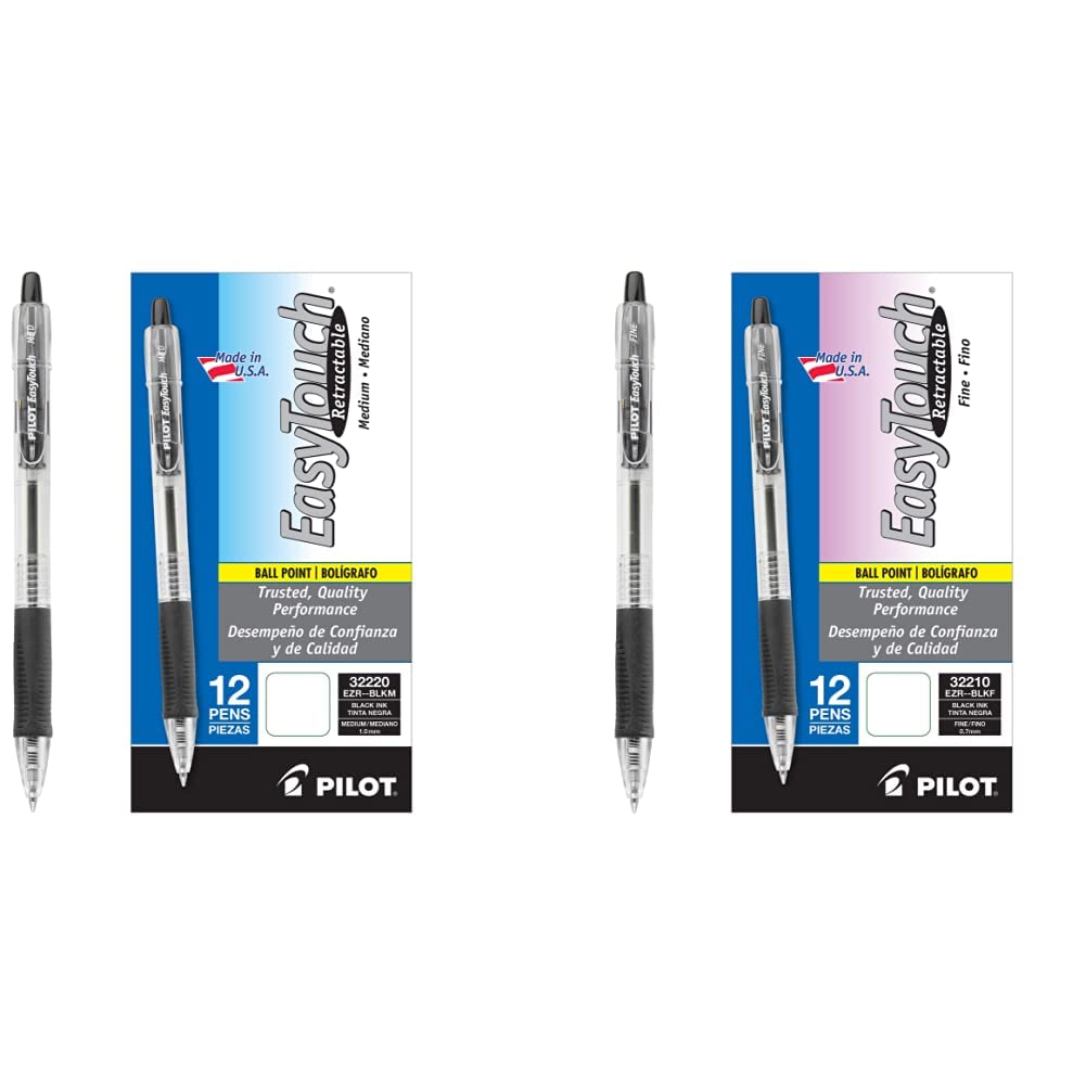 PILOT EasyTouch Refillable & Retractable Ballpoint Pens, Medium Point, Black Ink, 12-Pack (32220) & EasyTouch Refillable & Retractable Ballpoint Pens, Fine Point, Black Ink, 12-Pack (32210)