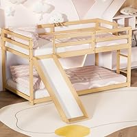 TOLEAD Low Bunk Bed with Slide, Floor Loft Bed with Climbing Ladder, Wood Twin Bunk Bed Frame with Full Guardrails & Storage Space for Kids Toddler