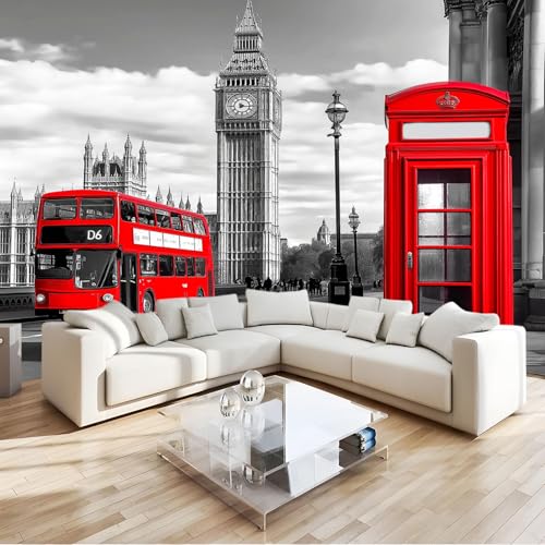 Papier Peint Impression De Londres Cabine Téléphonique Rouge 3D Panoramique Murale Salon 300x210 cm Papier Peint intissé pour Chambre Salon Personnalisé...