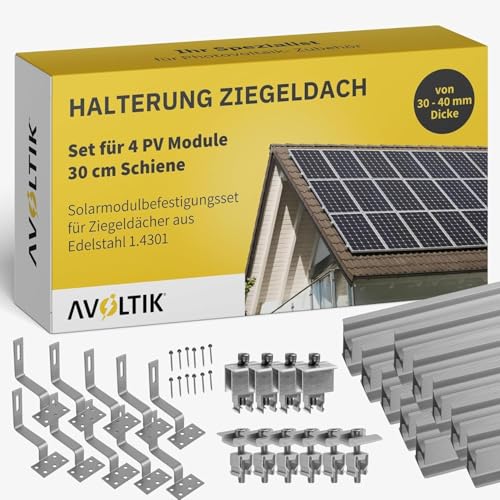 Solar Halterung Ziegeldach I Set für 4 PV Module 30-40mm I Solarmodul Halterung Balkonkraftwerk I Solarmodulbefestigungsset für Ziegeldächer aus Edelstahl 1.4301