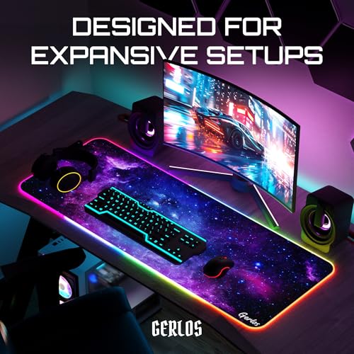 Image of Gerlos RGB Gaming Mouse Pad, Large LED Desk Mat, 31.5 x 11.8 Inch | 12 light modes, non-slip base, water-resistant surface, stitched edges
