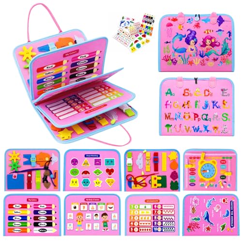 Image of Montessori Busy Board for Toddlers, 8 Pages 30+ Activities Sensory Toy, Toddler Learning Toys, Fine Motor Skills Travel Toy, Preschool Educational Quiet Book Gift for Boys Girls, Pink Mermaid