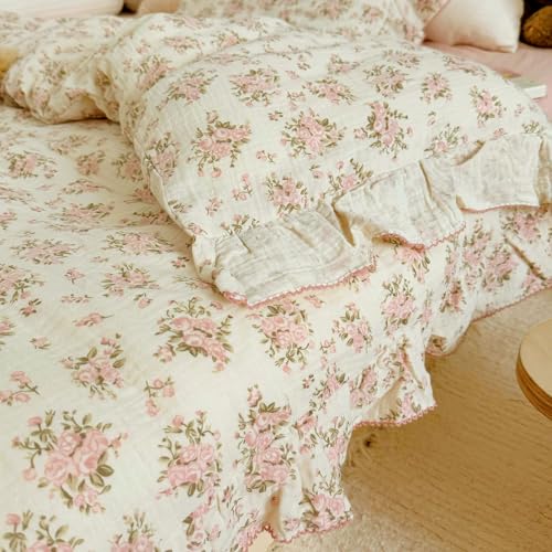 Image of BuLuTu Pink Floral Twin Size Duvet Cover for Girls Kids, Flower Print Comforter Cover with Ruffles, Soft Lightweight Quilt Cover 100% Cotton Muslin, Zipper Closure, 68 inchx86 inch, No Pillowcases