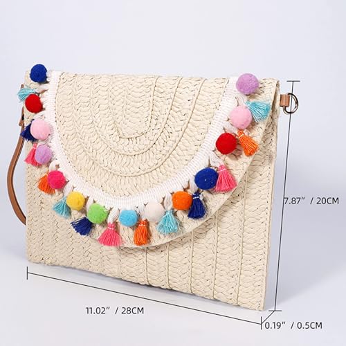 Image of Clutch Purses for Women, Straw Beach Bag, Colorful fur balls and tassels Envelope Package, Bohemian Summer Handbags for Vacation, Travel