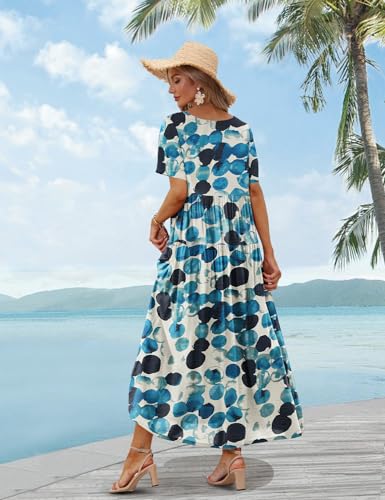 Image of YESNO Women Casual Loose Bohemian Floral Dress with Pockets Short Sleeve Long Maxi Summer Beach Swing Dress EJF