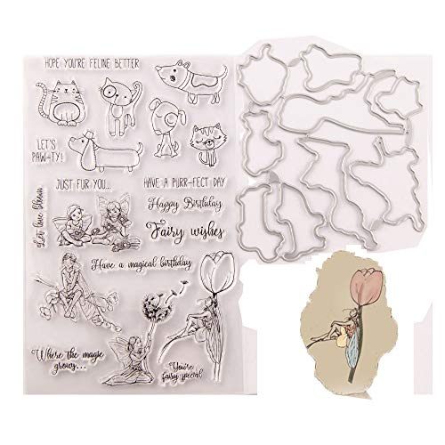 HY-beauty Puppy Kitten Fairy Magical Have a Perfect Day Just for You Rubber Stamps and Cut Dies Set for Card Scrapbooking Making Birthday Clear Stamps and Cutting Dies