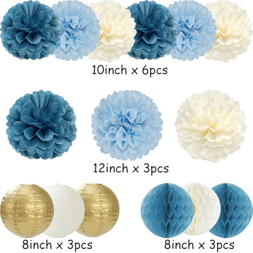 Dusty Blue Champagne Gold Beige Paper Flowers Tissue Pom Poms Honeycomb Lanterns 15pcs Party Decorations Boy Birthday Wedding Baby Bridal Shower Hanging Supplies Mprocherify by Mprocherify - Used condition - Image 7