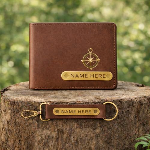 Image of Premium Customized Wallet & Keychain Combo for Men - Stylish Nexon Leather Gift Set with Personalized Name & Charm - Ideal Birthday, Anniversary & Festival Present (Brown)