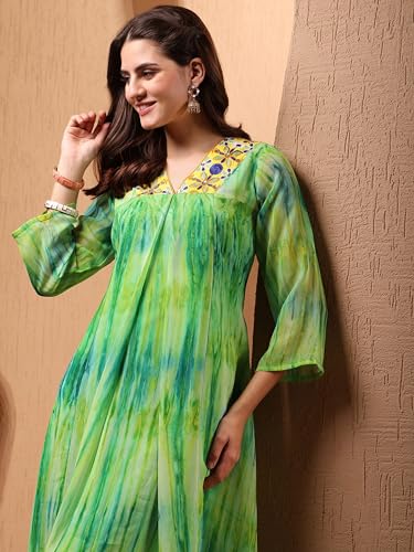 Image of EthnicJunction Women Georgette Relaxed Fit Tie & Dye & Embroidered A-Line Flared Kurta,Summer Kurta,Kurta For Office,Long Kurti