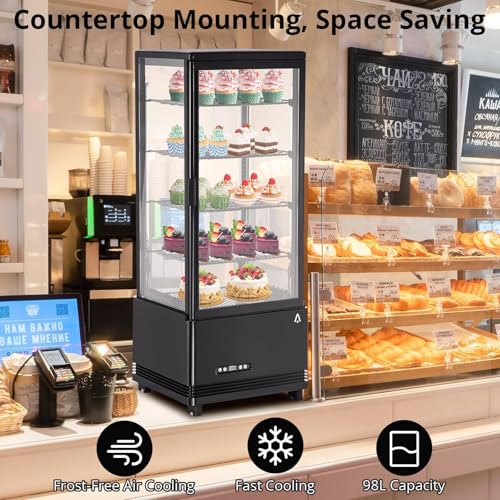 Image of Countertop Display Refrigerator 3.4 Cu.ft, 4-Tier LED Pastry Cooler, Sliding Door, Adjustable Shelves, Commercial Fridge for Bakery Cafe Restaurant, Frost-Free, Black
