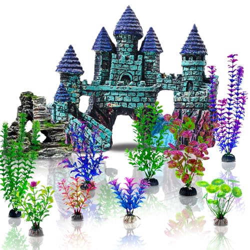Mechpia 13 Pieces Aquarium Decorations Kit, Fish Tank Decorations Set Small Resin Castle and Rockery...