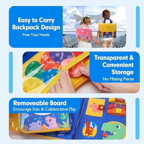 Image of PATPAT Dinosaur Toddler Busy Board Backpack, Montessori Toys for Boys Girls 1 2 3 4 Year Old, Early Educational Activity Baby Sensory Toy with Learn to Lace, Zipping, Portable Busy Board for Travel