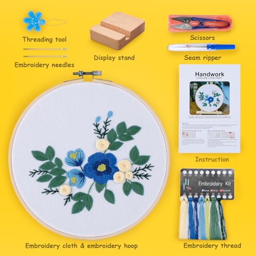 Image of BERYA Embroidery Kit for Beginners, Flowers and Leaves Embroidery Practice Kit, Hand Floral Embroidery Starter Kit for Adults with Video Step by Step Instructions, Hoops, Threads and Needles (BEF013)
