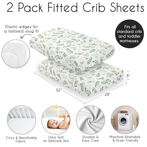 Image of Sweet Jojo Designs 2-Piece Baby Crib Sheets Set (Boho Floral Leaf) for Girls & Boys, Infant Nursery, Toddler Room - Fitted, Standard Size (Bohemian, Watercolor Botanical, Tropical, Garden, Sage Green)