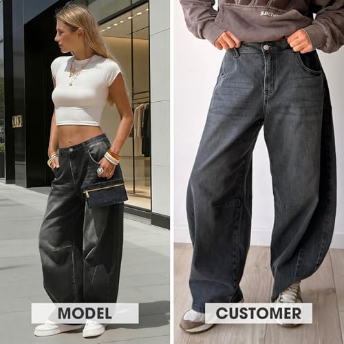 Image of EXLURA Womens Barrel Jeans Wide Leg Y2K Boyfriend Denim Pants Hip Hop Vintage Baggy Jeans Cotton Mid-Low Elastic Waist Pants