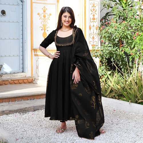 Image of GoSriKi Women's Rayon Viscose Embroidered Anarkali Kurta with Pant & Dupatta