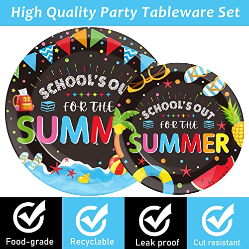 Image of 96 Pieces End of School Year Theme Tableware Set for Kids Class Summer Table Decorations Supplies School's Out Dessert Plates Napkins Forks for 24 Guests Tropical Beach Pool Disposable Party Favors