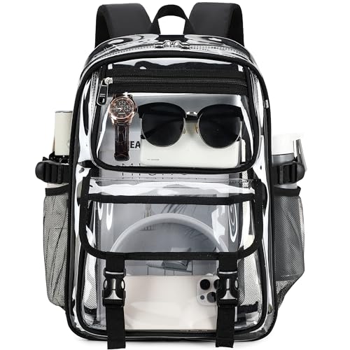 Large Clear Backpack For Women Men Girls 16 inch Laptop School Bookbag Heavy Duty PVC Transparent Backpacks for College Work Travel See Through Back Pack for Sport Events Stadium, Black
