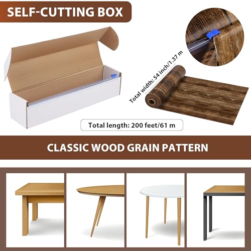 Image of Kochorie 200 Ft x 54 Inch Wood Grain Tablecloth Roll in Slide Cutter Box Disposable Rustic Backdrop Vintage Table Cover Western Themed Bulletin Board Plastic Roll for Barn Birthday Classroom Decor