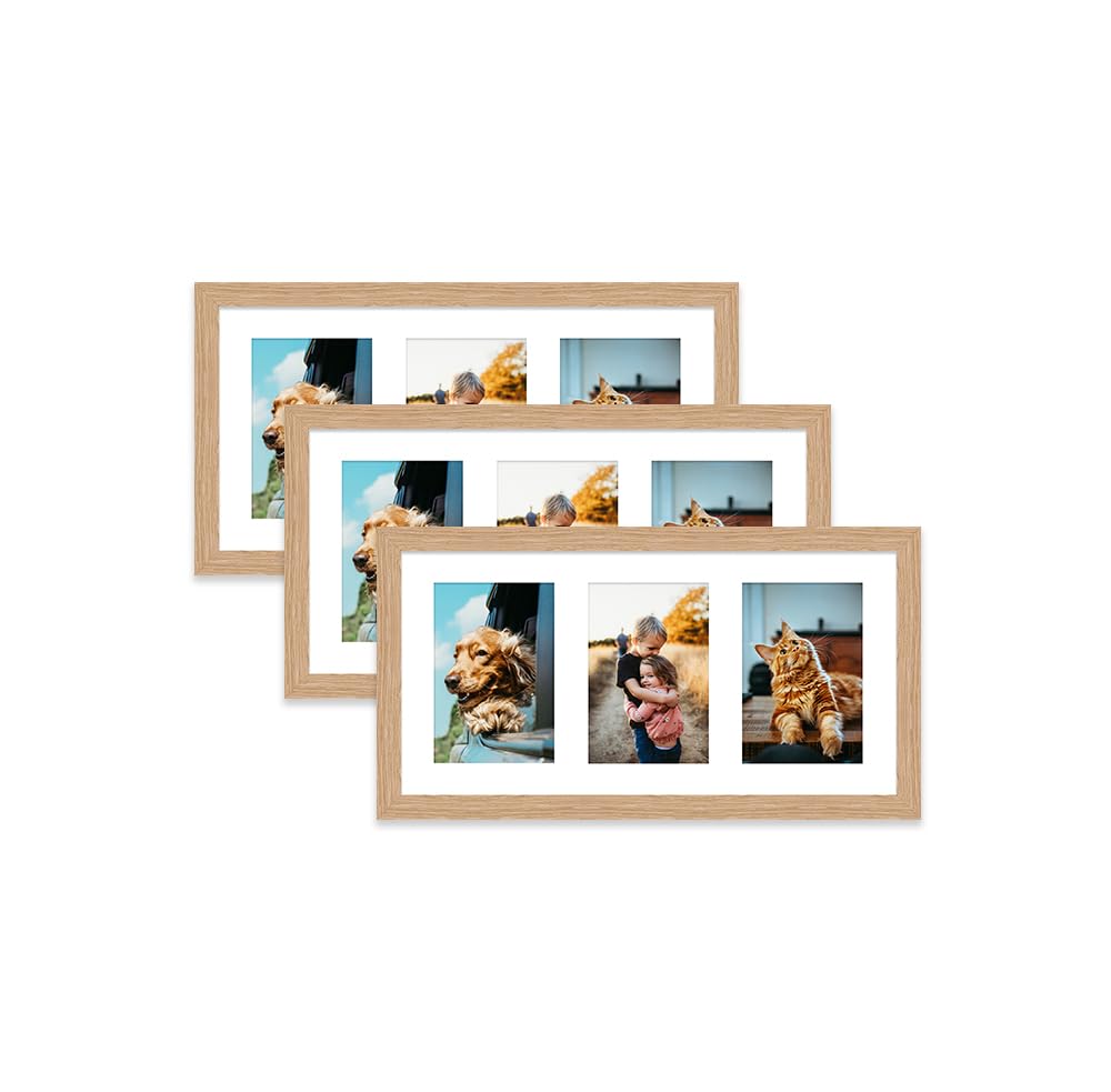 Oak Multi Photo Frame - Holds 3 x 6x4 Pictures, Family Collage Picture Frame for Wall Display, 8x16 Panoramic Frame Size, Set of 3