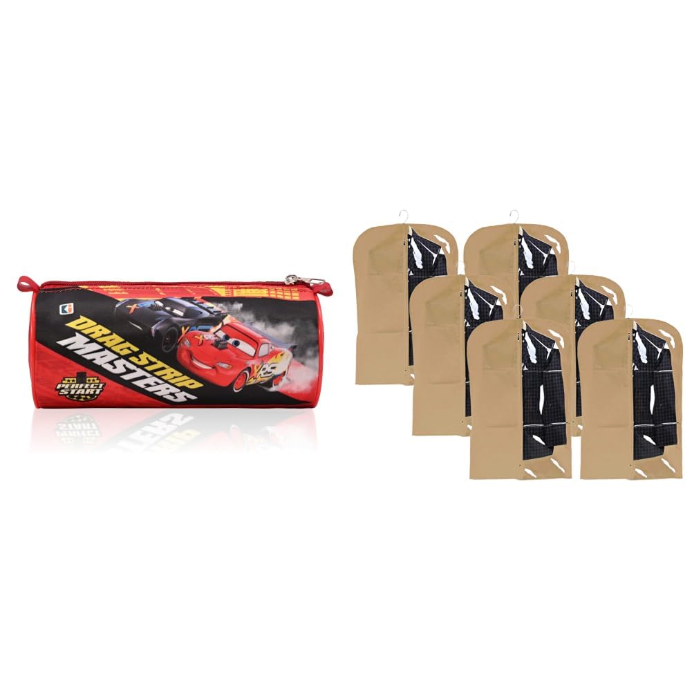 Round Pencil Pouch | Disney Car Pencil Pouch for Kids | Stationary Holder | + Half Transparent 6 Pieces Non Woven Men's Coat Blazer Cover (Brown) - CTKTC30921-image-8
