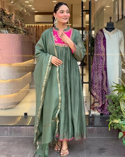 Image of ANNI Designer Women's Rayon Viscose Embroidered Anarkali Kurta with Pant & Dupatta