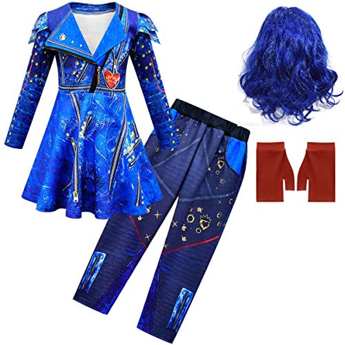 Deleventh Filles Déguisement Descendants 3 Mal Costume Halloween Carnaval Pâques Fête Enfants Cosplay Audrey Mal Evie Veste et Pantalon Ensemble Costume et Accessoires pour Enfant Baptême Cadeau Cover