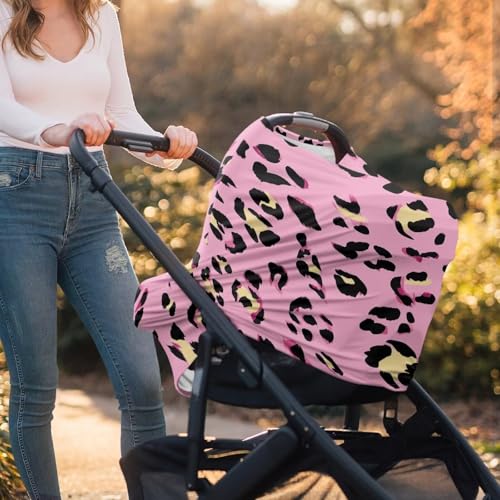 Image of Forchrinse Pink Leopard Print Car Seat Cover for Baby Soft Stretchy Breastfeeding Nursing Cover Multi Use Cover for Shopping Cart /High Chair /Stroller