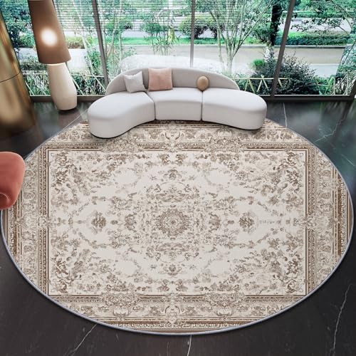 Genérico 90 cm Alfombras Redondas para Sala de Estar, Oriental Elegante Art Déco Estampada Alfombra Redonda Lavable Beige - Pelo Corto Suave Franela Alfombras para Dormitorio Comedor