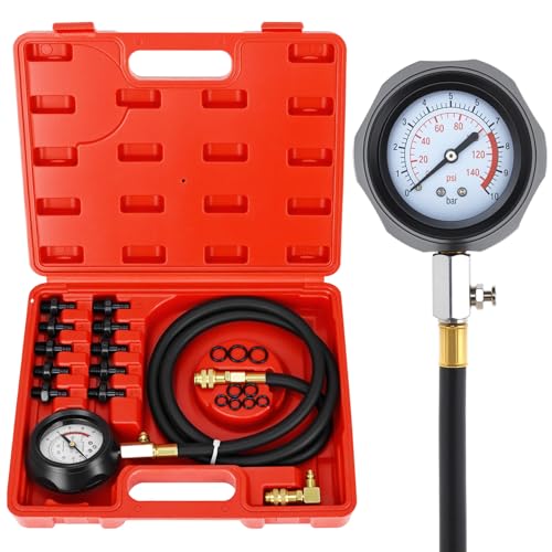 QWORK® Manomètre d'huile, testeur de pression d'huile pour cylindre moteur 140 PSI / 10 bar avec 10 adaptateurs, idéal pour voitures, motos et tracteurs