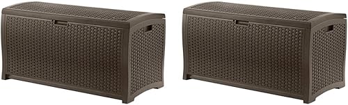 Suncast Contenedor de almacenamiento de mimbre de resina de 99 galones para patio al aire libre para juguetes, Mocha & Suncast - Caja mediana de 73
