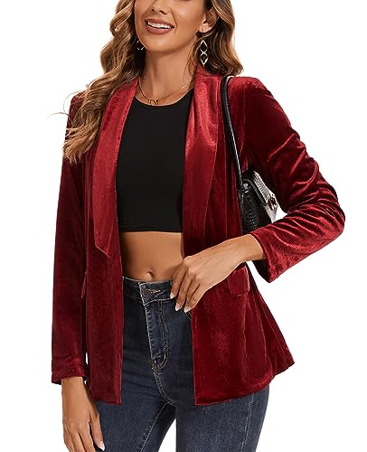 MINTLIMIT Women's Long Sleeve Velvet Cardigan Jacket Open Front Shawl Collar Outerwear Coat Velour Blazers (Wine Red - Size M), Medium4