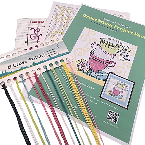 Image of Howie's Needlepoint Cross Stitch Kits, 11CT Pre-Printed Pattern Needlepoint Kits, Full Range of Stamped Starter Kits (Teacup Three, 7.1 x 7.1 Inch)