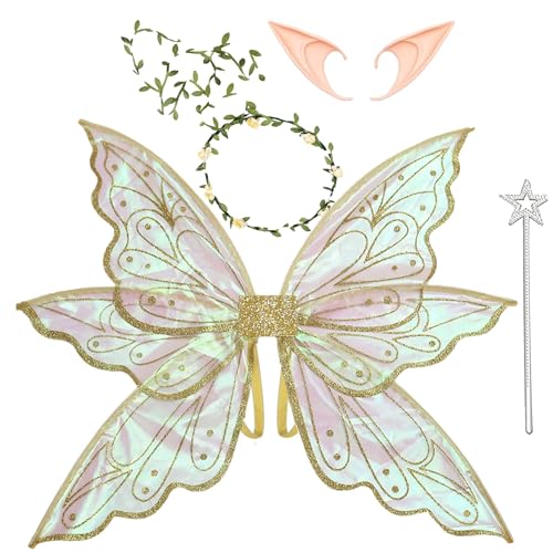 vitegaw Gold Fairy Wings for Adults Dress Up Sparkling Sheer Butterfly Halloween Costume Angel Wings for Women