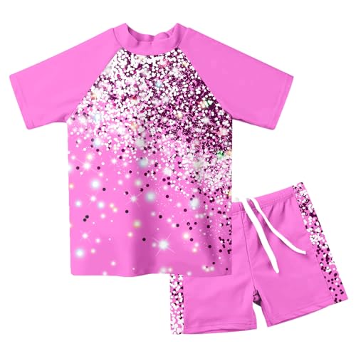 Image of Lovekider Girls Swimsuits Two Piece Rash Guard Set Short Sleeve Bathing Suit Liner Swimwear with Sun Protection 3-12T
