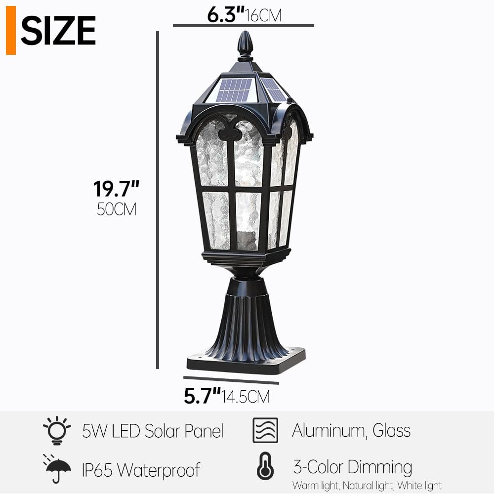 Farola Solar Exterior de Cristal Vintage, farola de Pilar Impermeable IP65 con Carcasa de Aluminio, luz de Columna Solar LED, luz para Tapa de Valla, terraza, Patio, Villa, jardín, Entrada.