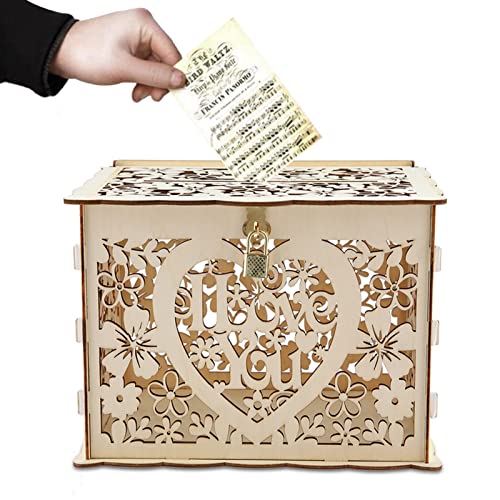 Joyzan DIY Wood Wedding Card Box, Rustic Wed Gift Money Box Holder with Lock Hollow Envelop Wooden Shadow Boxes Card Sign for Anniversary Graduation Parties Reception Baby Shower Birthday Decoration by Joyzan - Image 7