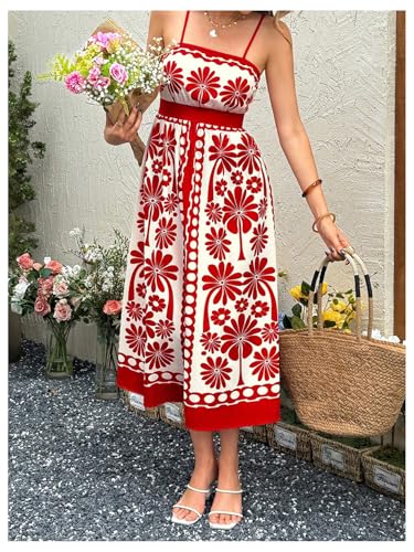 Floerns Women's Floral Spaghetti Strap Midi Dress Tie Back Vacation Smocked Dresses4