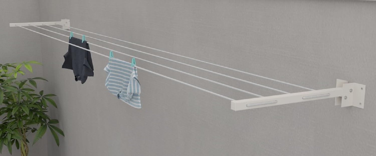 RIOMAX Powder Coated Metal Cloth Drying Stand Foldable for Wall Mounted/Mounting Clothes Drying Stand/Cloth Drying Racks for Bathroom/Balcony/Indoor/Outdoor with 40 Feet Rope (Pack of 1, Ivory)