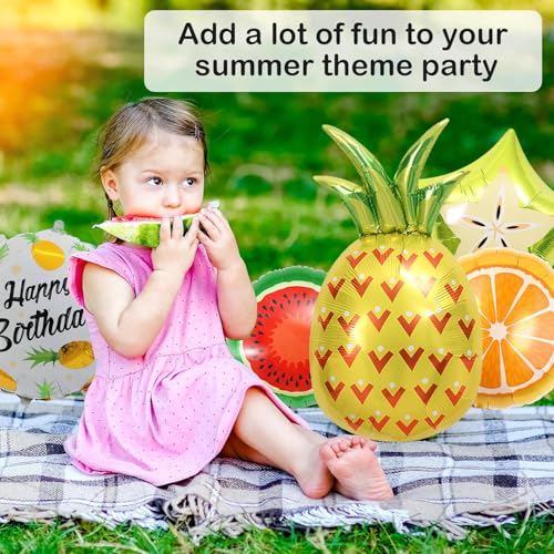 Image of Rozi Decoration Fruit Theme Foil Balloon Set for Kids Birthday Decoration - Pack of 5 with Pineapple, Watermelon, Orange and Happy Birthday Round Balloon