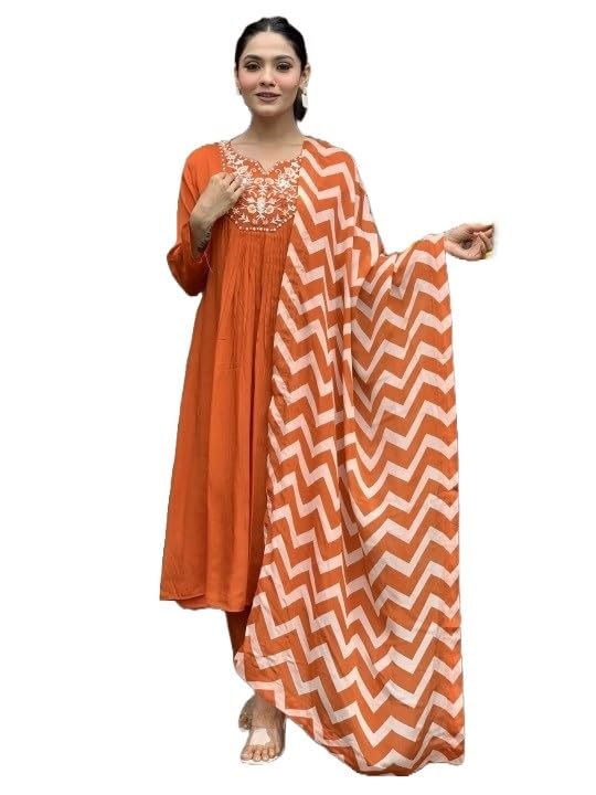Image of Nermosa Women Solid Orange Embroidery Kurta and Pant Set with Dupatta
