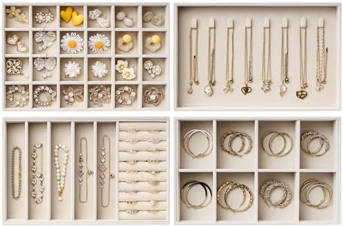 Velvet Jewelry Drawer Organizer Trays – Large Beige Stackable Jew...