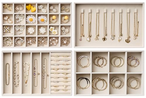 Velvet Jewelry Drawer Organizer Trays Large Beige Stackable Jewelry Storage Inserts Set 4-Layer Jewelry Tray Set for Earrings Rings Necklaces Bracelets with Removable Dividers for Dresser Vanity