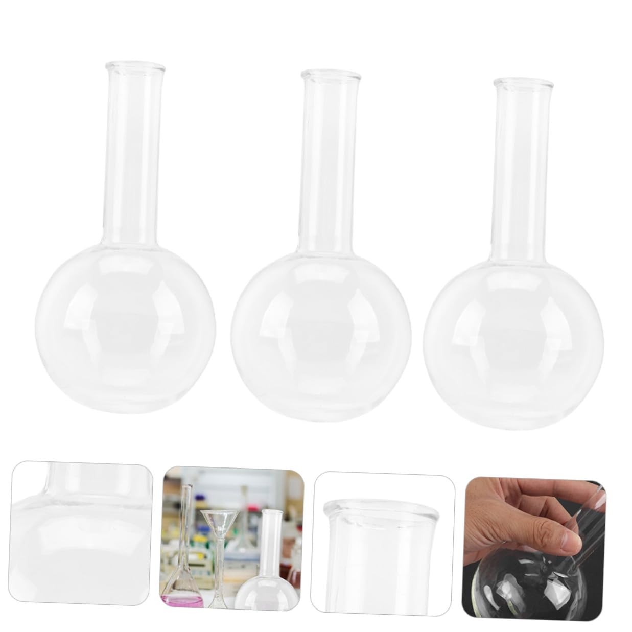 Flachboden Siedekolben mit Gleichmäßiger Wandstärke 250ml aus Glas 3 Stück und Transparenter Glasflasche für Forschung und Bildung