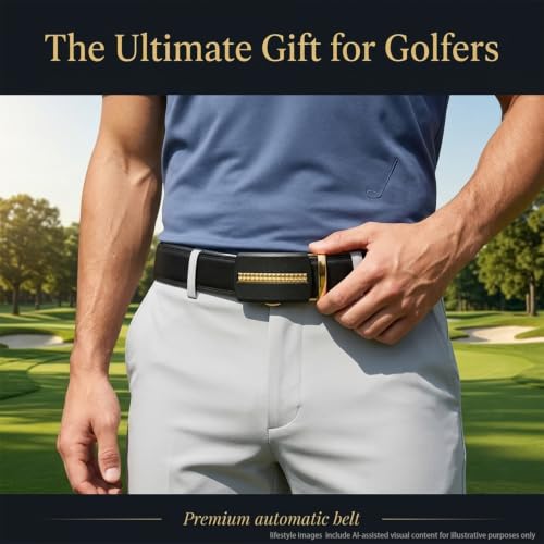 Image of JINIU Men's Ratchet Belt Buckle, Black Genuine Leather Slide Belt for Men Dress Suit, Micro Adjustable Trim to Fit Boxed