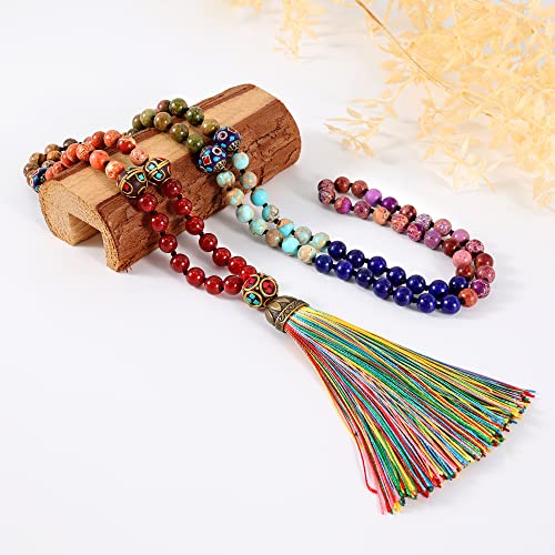 Bivei 8Mm 108 Mala Beads 7 Chakra Stone Long Tassel Prayer Bead Pendant Necklace Hand Knotted Wrap Bracelets For Yoga Meditation Anxiety Japa Mala (Rainbow Tassel Mala 1) #TOP2