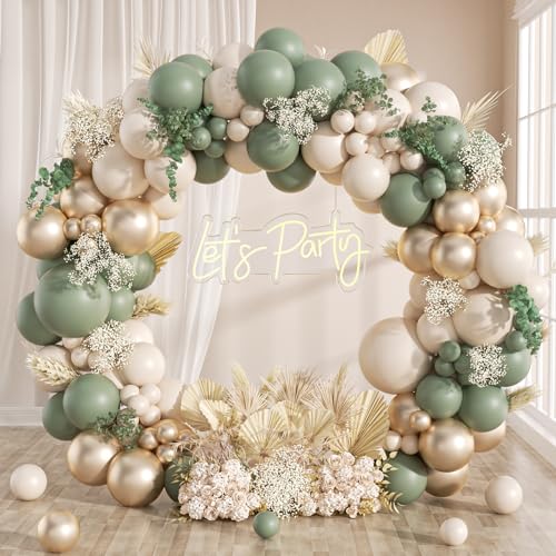 130Pcs Sage Green Gold Balloon Garland Arch Kit with Sage Green Sand White Gold Balloons for Baby Shower Bridal Shower Birthday Engagement Wild One Party Decorations