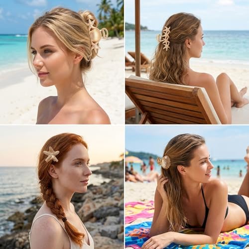 Set de 5 Pinzas de pelo con diseño concha marina, clips de playa para mujer, accesorios capilares dorados para fiestas en la playa y uso diario miniatura 7