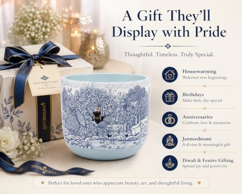 Image of Glass Finish Terracotta Planter Pot for Home Decor | Flower Pot | Blue and White, Vrindavan Forest Krishna and Peacock Theme, 11.4cm x 10cm